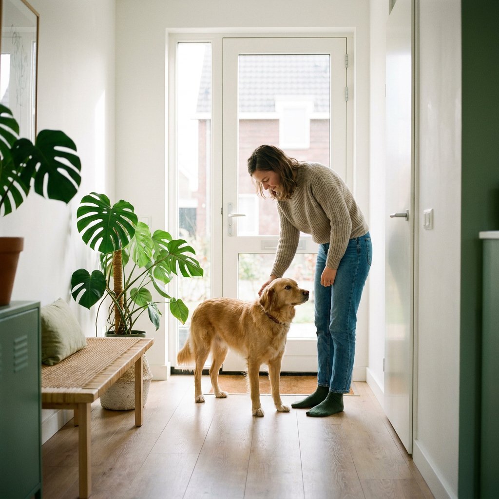 Hond begroet een vrouw rustig met vier poten op de grond in een lichte Nederlandse hal, terwijl zij beloont met een vriendelijke handbeweging.
