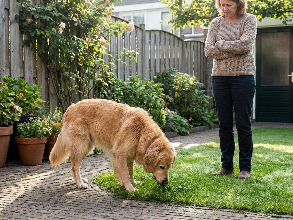 Middelgrote hond snuffelt en eet wat grassprietjes in een nette Nederlandse achtertuin, terwijl de eigenaar bezorgd toekijkt in zacht ochtendlicht.