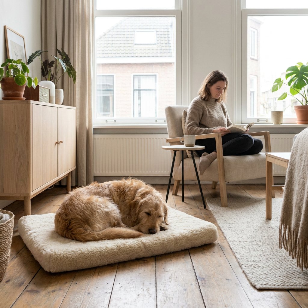 Rustige hond ligt ontspannen op een zachte mat in een lichte Nederlandse woonkamer, terwijl het baasje stil nearby zit in een kalme ochtendsetting.