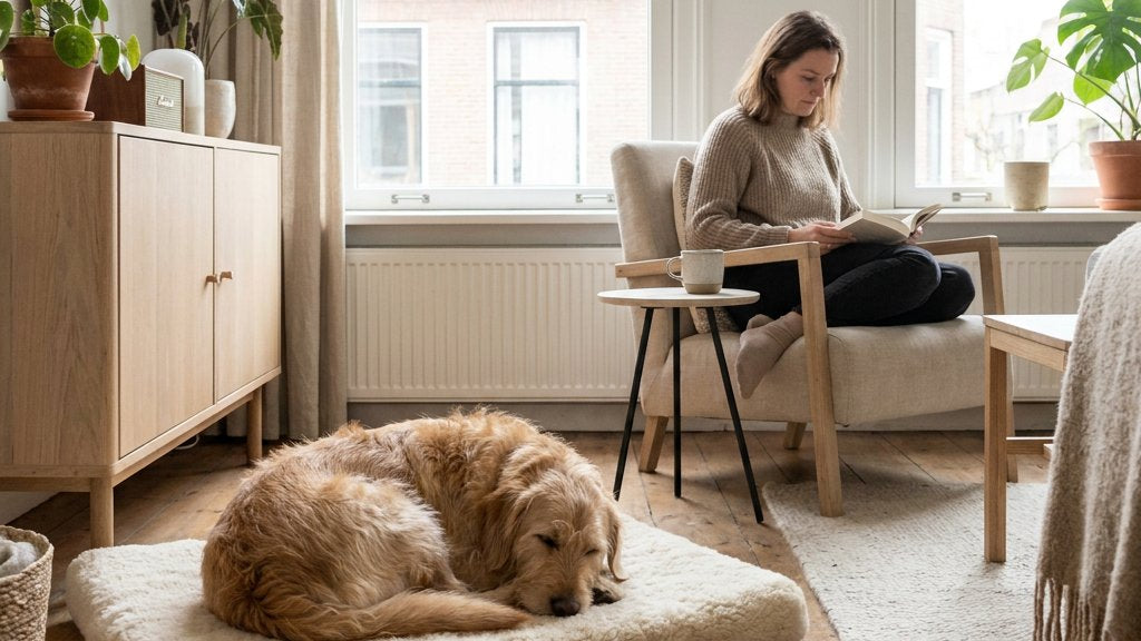 Rustige hond ligt ontspannen op een zachte mat in een lichte Nederlandse woonkamer, terwijl het baasje stil nearby zit in een kalme ochtendsetting.