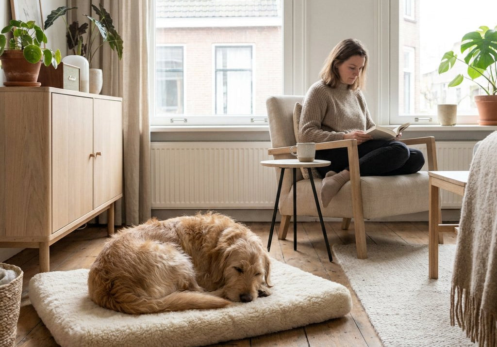 Rustige hond ligt ontspannen op een zachte mat in een lichte Nederlandse woonkamer, terwijl het baasje stil nearby zit in een kalme ochtendsetting.