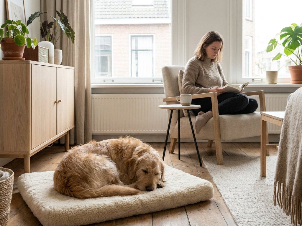Rustige hond ligt ontspannen op een zachte mat in een lichte Nederlandse woonkamer, terwijl het baasje stil nearby zit in een kalme ochtendsetting.