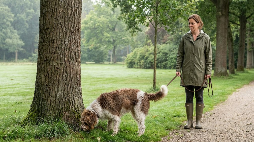 Hond snuffelt aandachtig aan gras en een boomrand in een rustig Nederlands park, terwijl de eigenaar geduldig wacht tijdens een ontspannen wandeling.