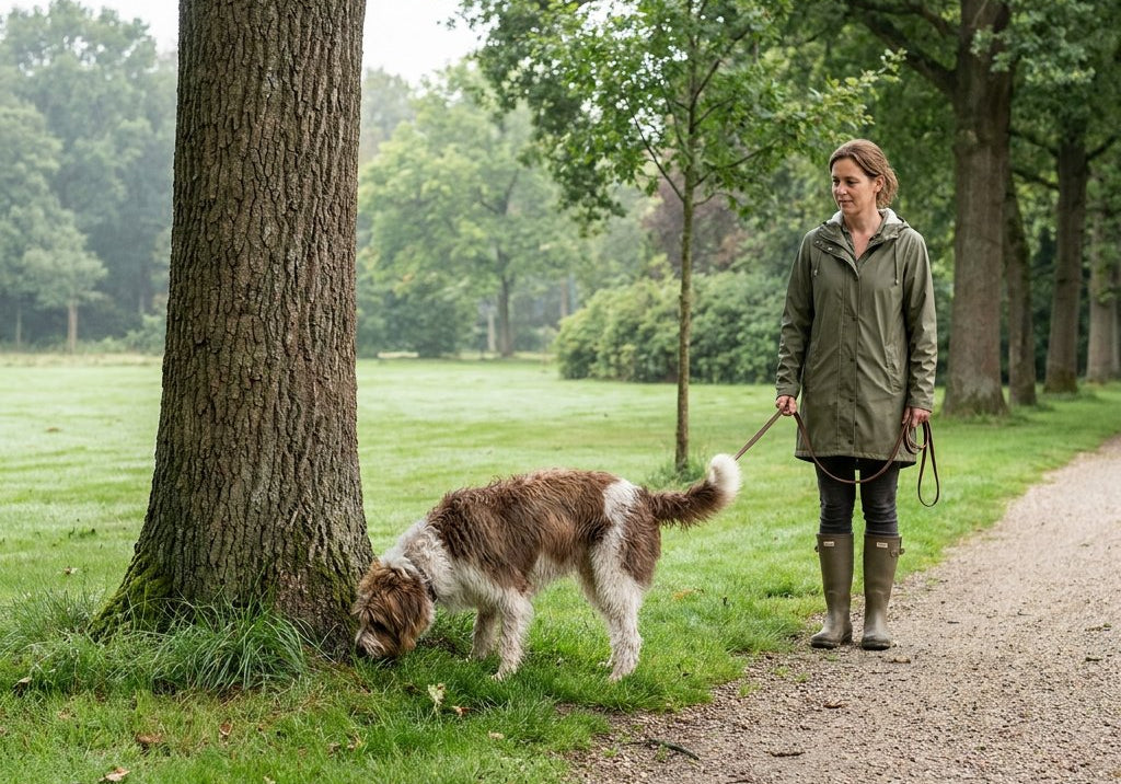 Hond snuffelt aandachtig aan gras en een boomrand in een rustig Nederlands park, terwijl de eigenaar geduldig wacht tijdens een ontspannen wandeling.