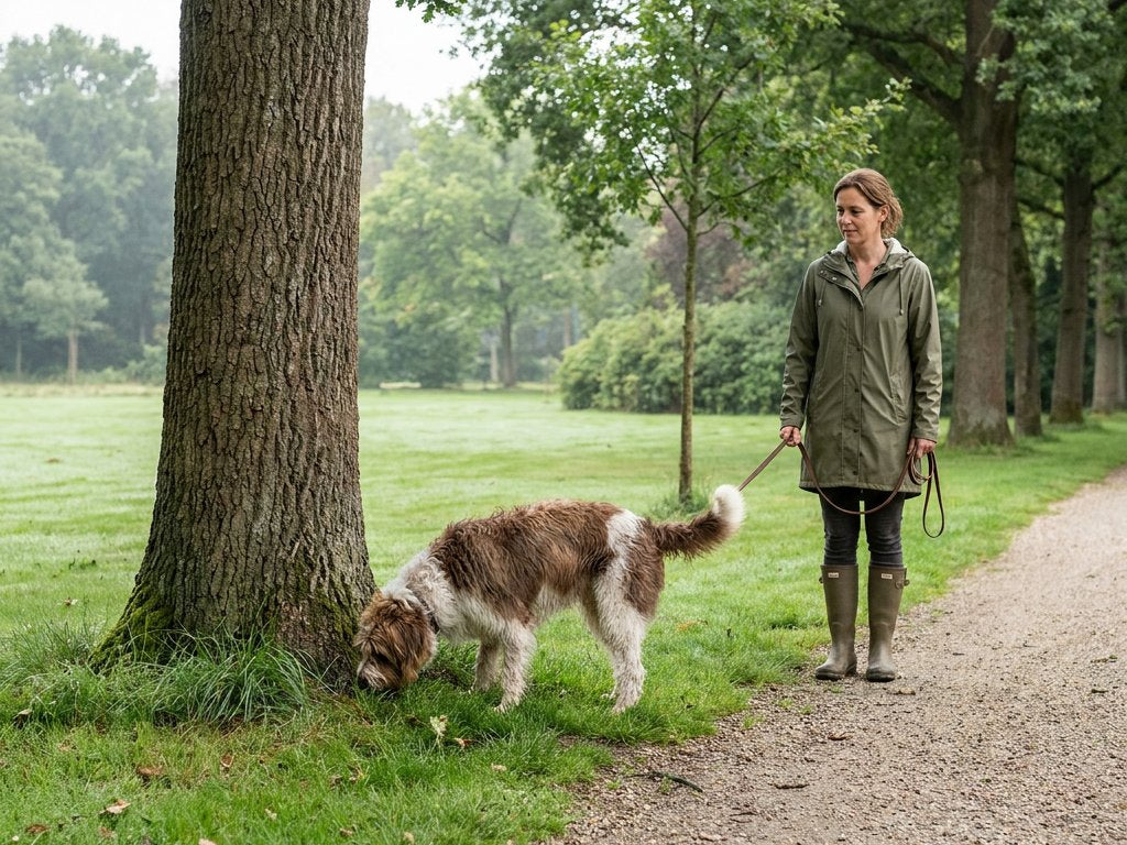 Hond snuffelt aandachtig aan gras en een boomrand in een rustig Nederlands park, terwijl de eigenaar geduldig wacht tijdens een ontspannen wandeling.