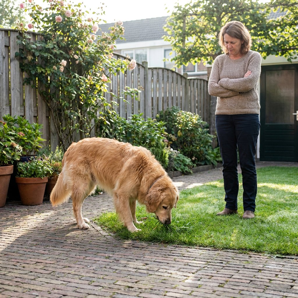 Middelgrote hond snuffelt en eet wat grassprietjes in een nette Nederlandse achtertuin, terwijl de eigenaar bezorgd toekijkt in zacht ochtendlicht.