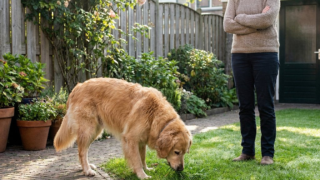 Middelgrote hond snuffelt en eet wat grassprietjes in een nette Nederlandse achtertuin, terwijl de eigenaar bezorgd toekijkt in zacht ochtendlicht.