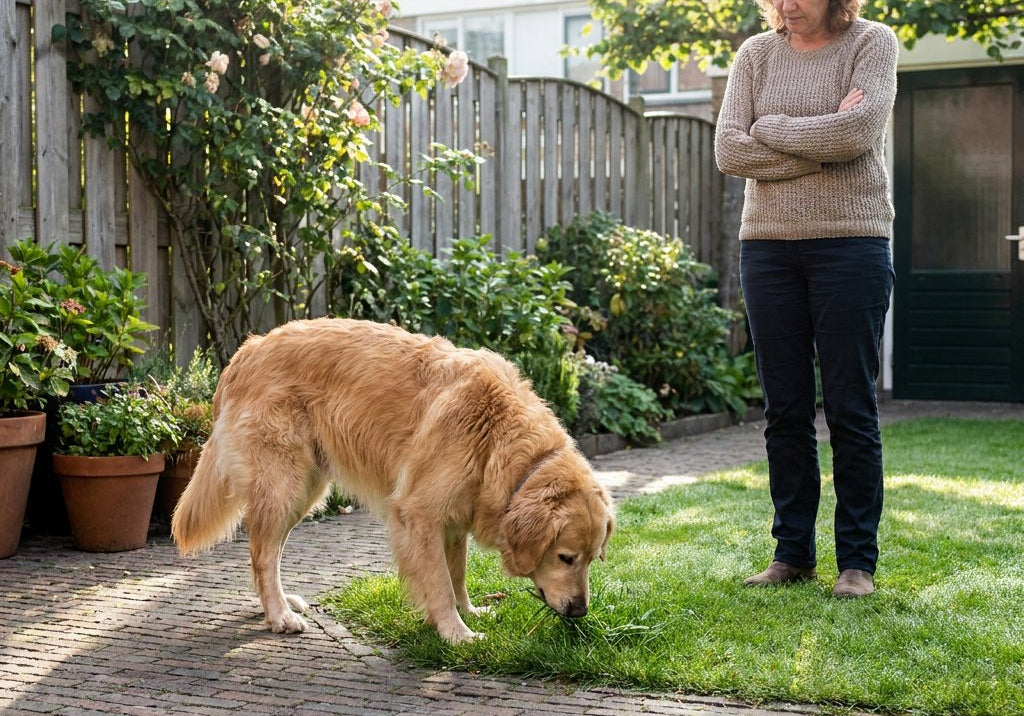 Middelgrote hond snuffelt en eet wat grassprietjes in een nette Nederlandse achtertuin, terwijl de eigenaar bezorgd toekijkt in zacht ochtendlicht.