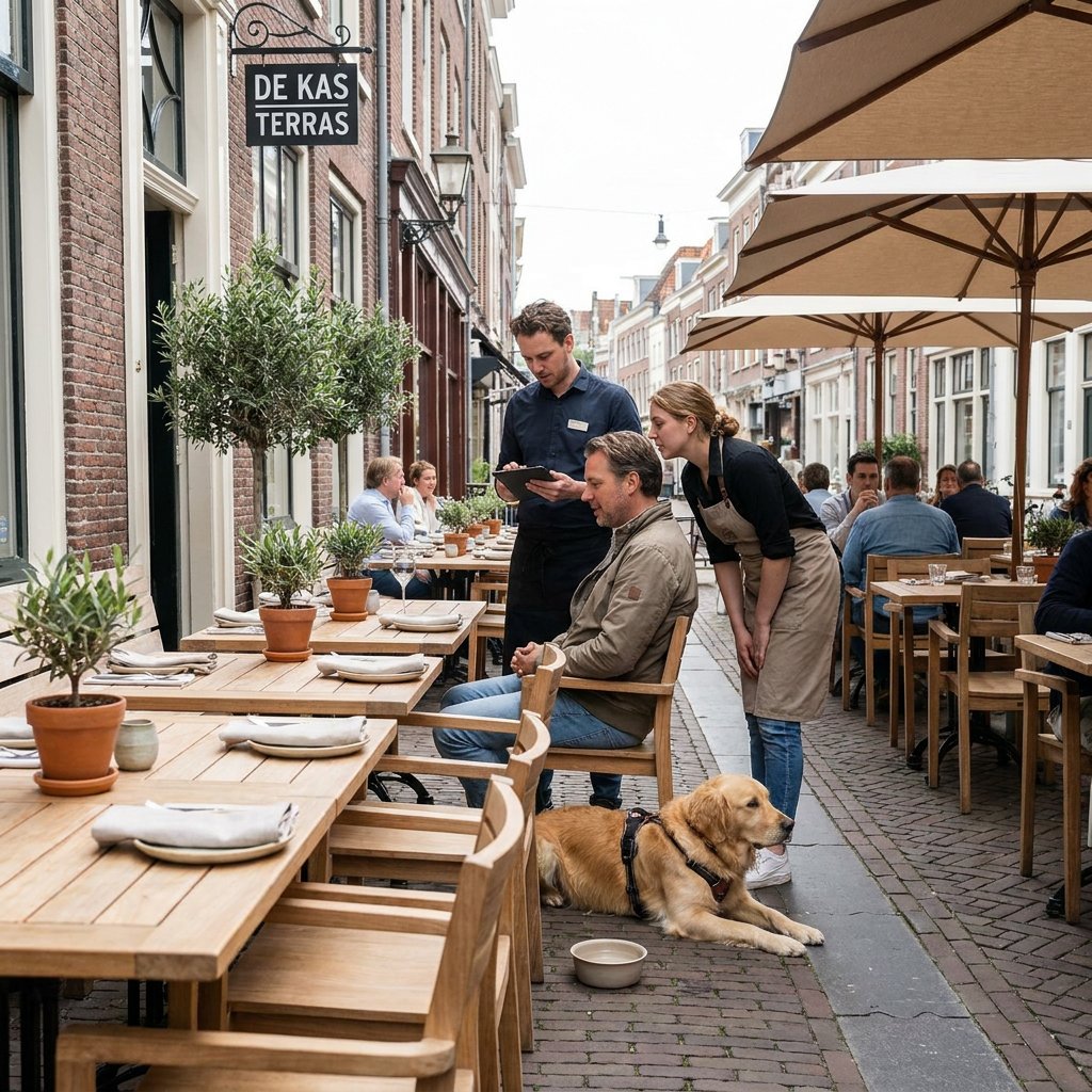 Hond ligt rustig naast zijn eigenaar aan een tafeltje op een stijlvol Nederlands restaurantterras, terwijl waterbak en ontspannen sfeer opvallen.