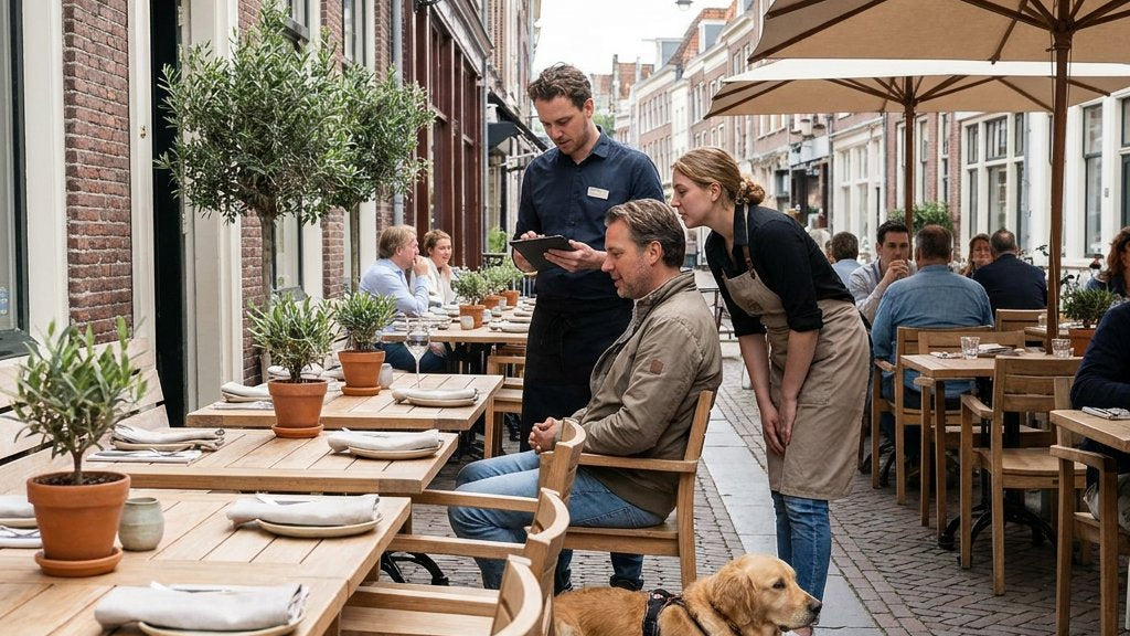 Hond ligt rustig naast zijn eigenaar aan een tafeltje op een stijlvol Nederlands restaurantterras, terwijl waterbak en ontspannen sfeer opvallen.