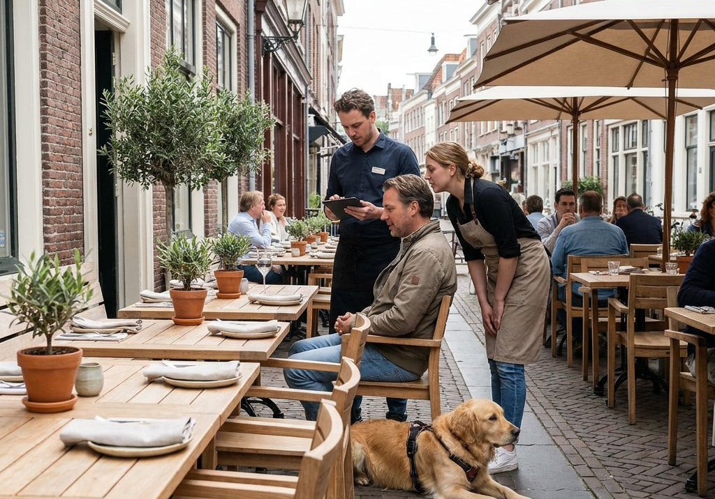 Hond ligt rustig naast zijn eigenaar aan een tafeltje op een stijlvol Nederlands restaurantterras, terwijl waterbak en ontspannen sfeer opvallen.