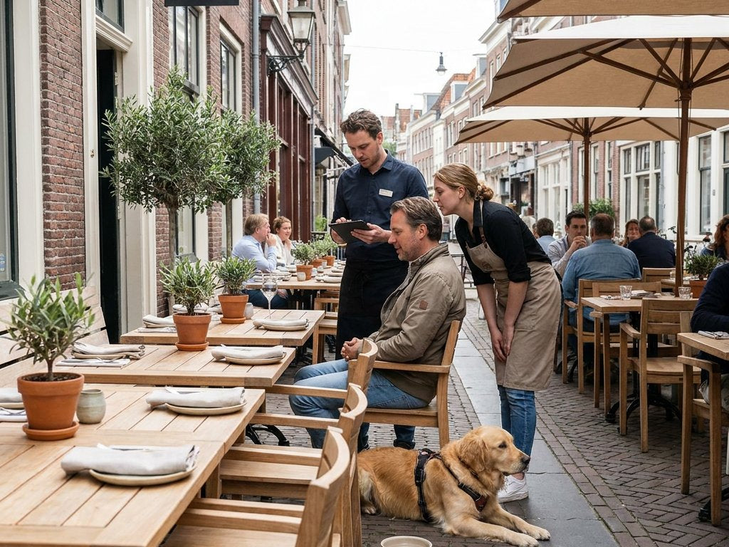 Hond ligt rustig naast zijn eigenaar aan een tafeltje op een stijlvol Nederlands restaurantterras, terwijl waterbak en ontspannen sfeer opvallen.