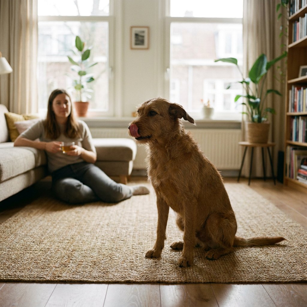 Hond in een lichte Nederlandse woonkamer kijkt weg en likt over zijn neus terwijl de eigenaar rustig op afstand observeert.