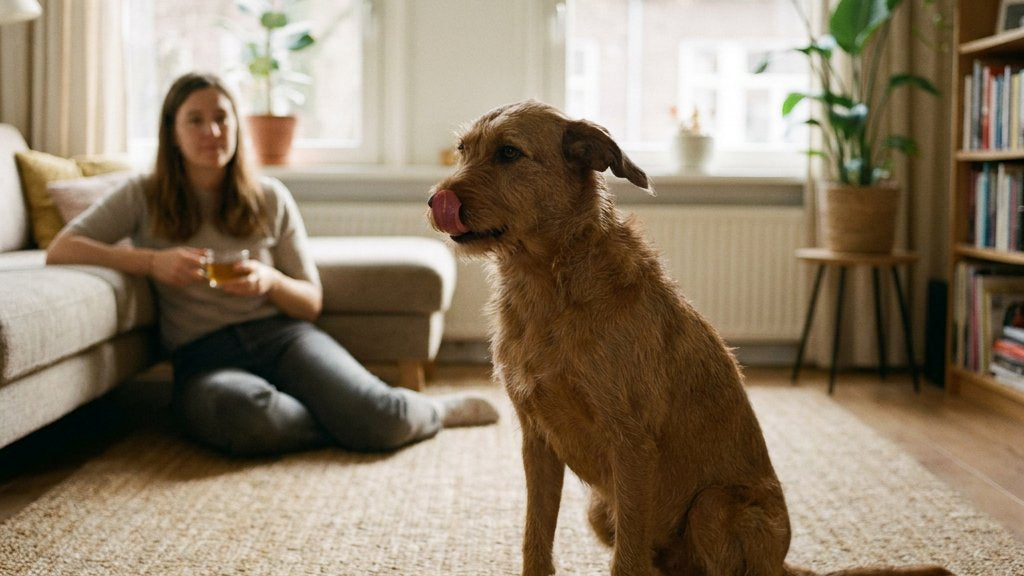 Hond in een lichte Nederlandse woonkamer kijkt weg en likt over zijn neus terwijl de eigenaar rustig op afstand observeert.