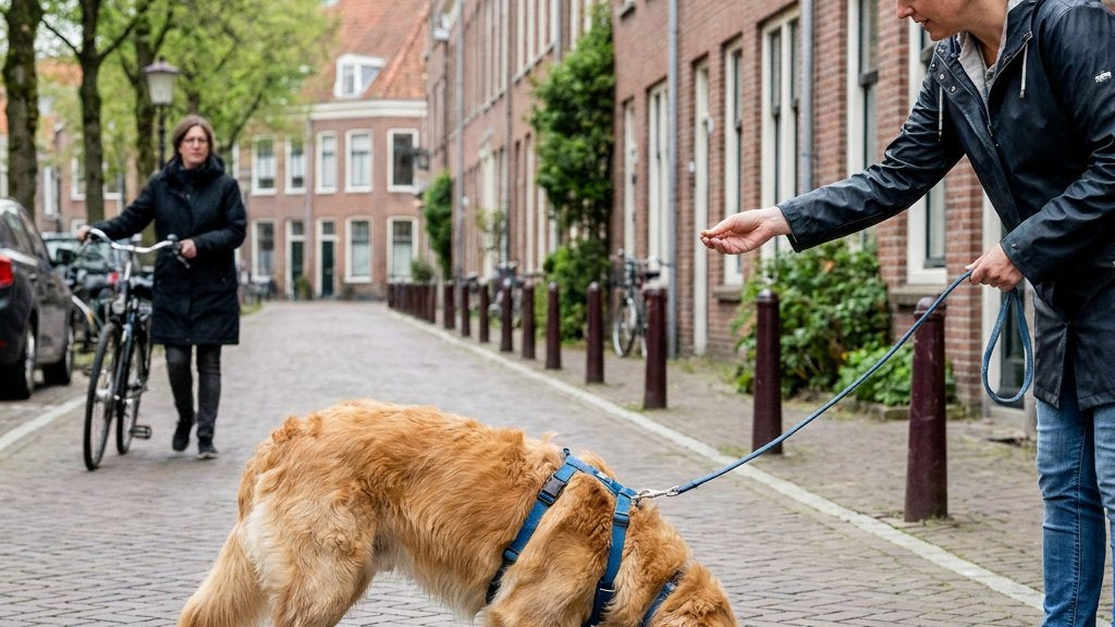Hond aan de lijn snuffelt naar eten op de stoep terwijl de eigenaar rustig ingrijpt tijdens een wandeling in een nette Nederlandse straat.
