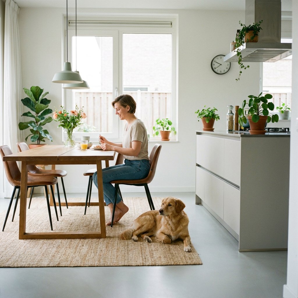 Hond ligt rustig op een vaste plek naast de eettafel terwijl een eigenaar dineert in een lichte Nederlandse keuken, met focus op kalm gedrag.