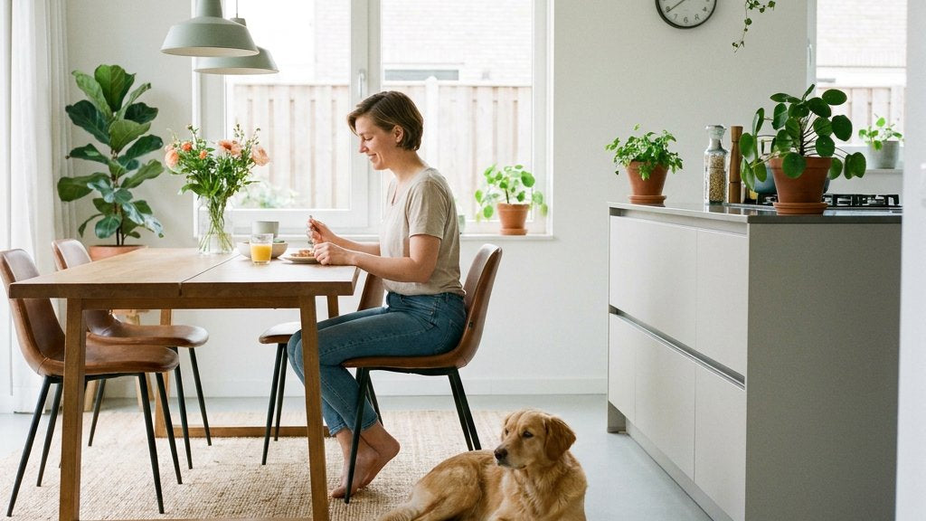 Hond ligt rustig op een vaste plek naast de eettafel terwijl een eigenaar dineert in een lichte Nederlandse keuken, met focus op kalm gedrag.