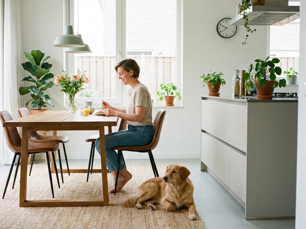 Hond ligt rustig op een vaste plek naast de eettafel terwijl een eigenaar dineert in een lichte Nederlandse keuken, met focus op kalm gedrag.