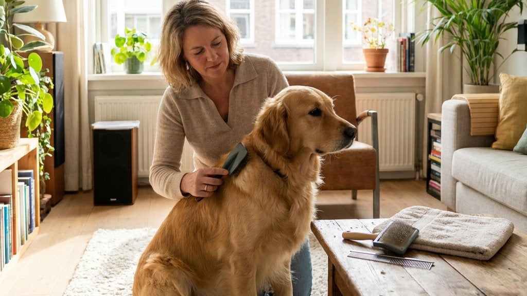 Hondeneigenaar borstelt thuis rustig de vacht van een middelgrote hond bij een raam, met verzorgingsborstels op een nette houten tafel.