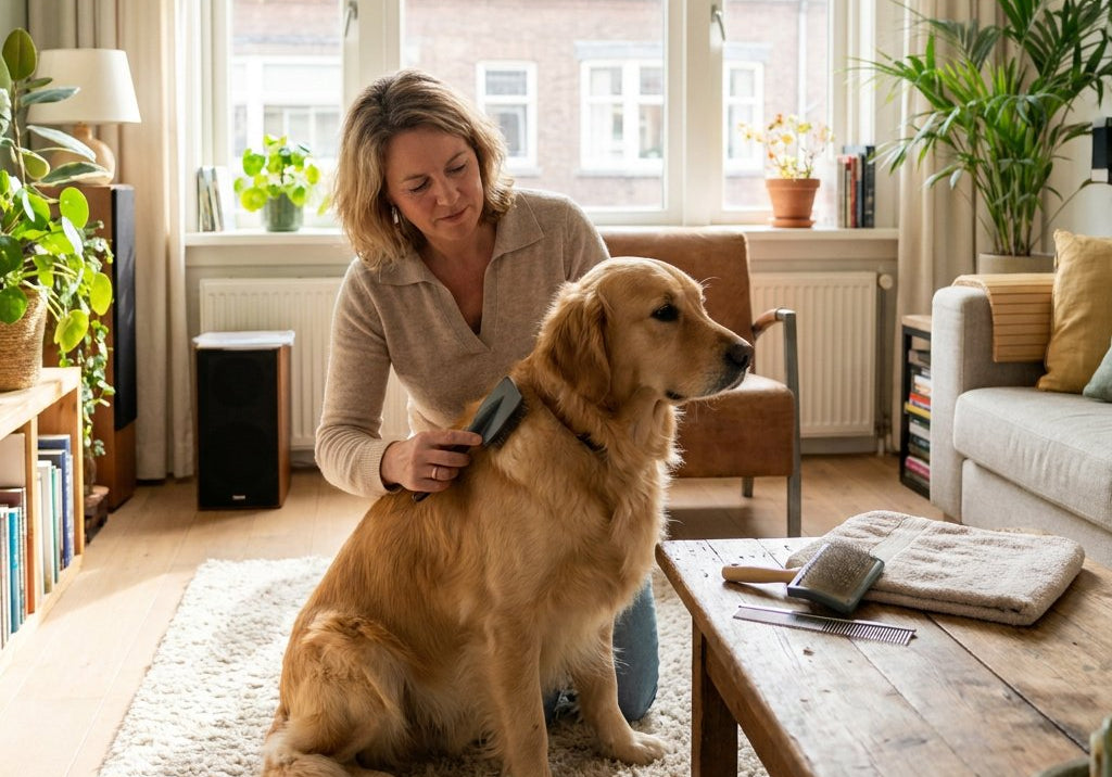 Hondeneigenaar borstelt thuis rustig de vacht van een middelgrote hond bij een raam, met verzorgingsborstels op een nette houten tafel.