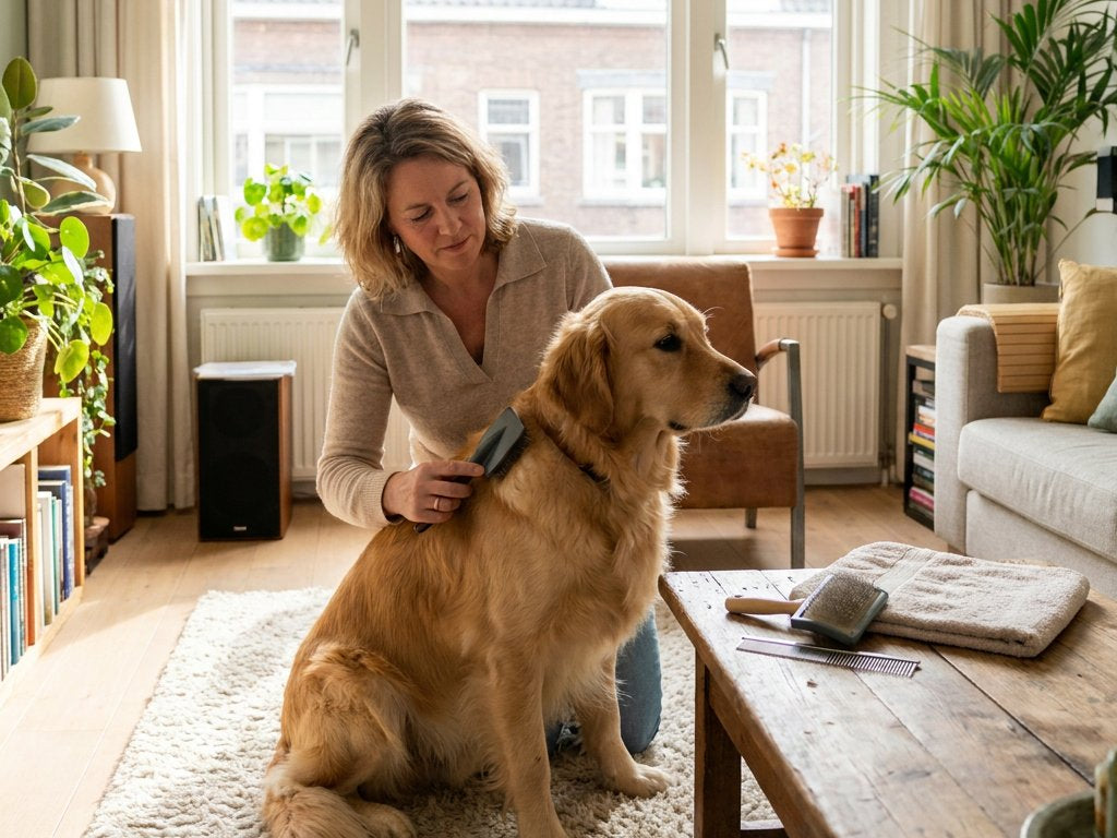 Hondeneigenaar borstelt thuis rustig de vacht van een middelgrote hond bij een raam, met verzorgingsborstels op een nette houten tafel.