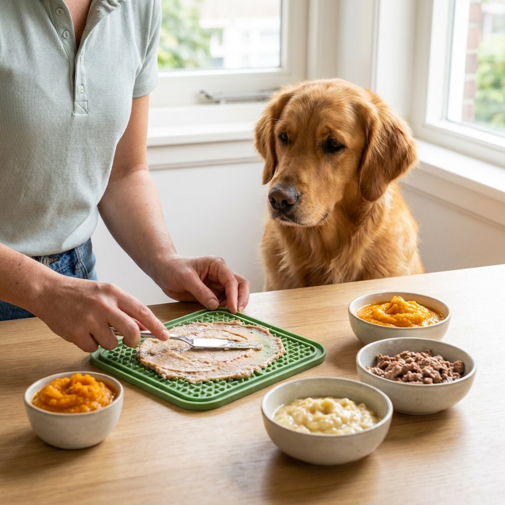 Hondeneigenaar smeert een dun laagje zachte vulling op een groene likmat in een lichte keuken, terwijl een nieuwsgierige hond naast het aanrecht wacht.