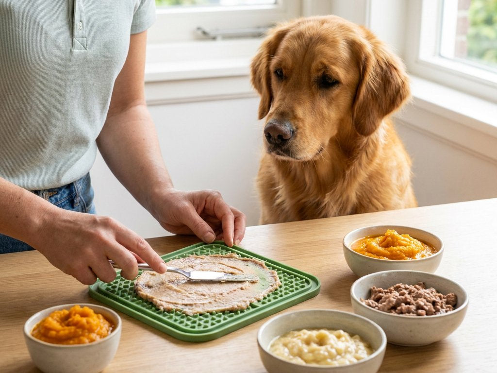 Hondeneigenaar smeert een dun laagje zachte vulling op een groene likmat in een lichte keuken, terwijl een nieuwsgierige hond naast het aanrecht wacht.