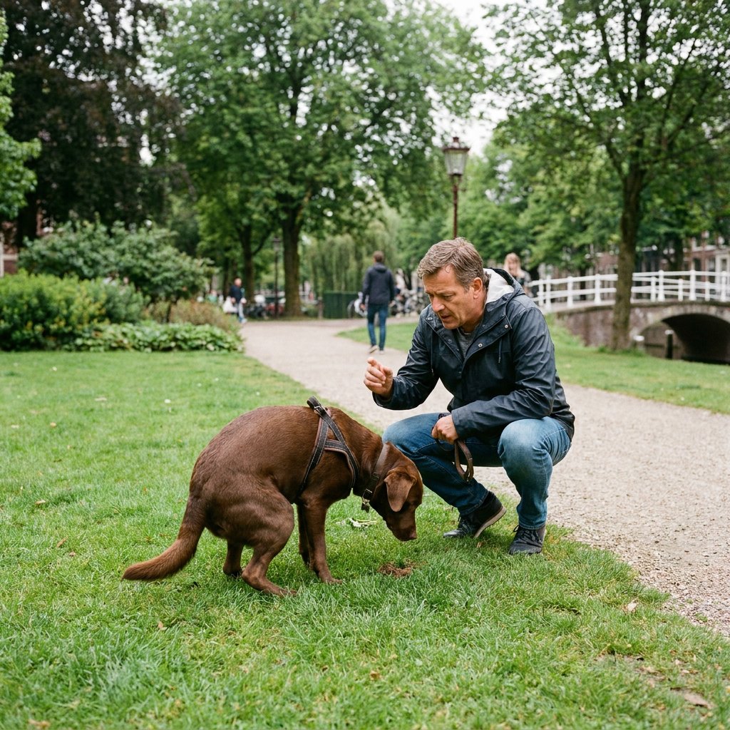 Hond snuffelt in een grasveld in een Nederlands park terwijl de eigenaar alert ingrijpt, vastgelegd in zacht daglicht met een natuurlijke redactionele sfeer.