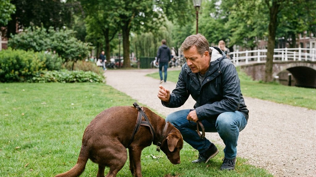 Hond snuffelt in een grasveld in een Nederlands park terwijl de eigenaar alert ingrijpt, vastgelegd in zacht daglicht met een natuurlijke redactionele sfeer.