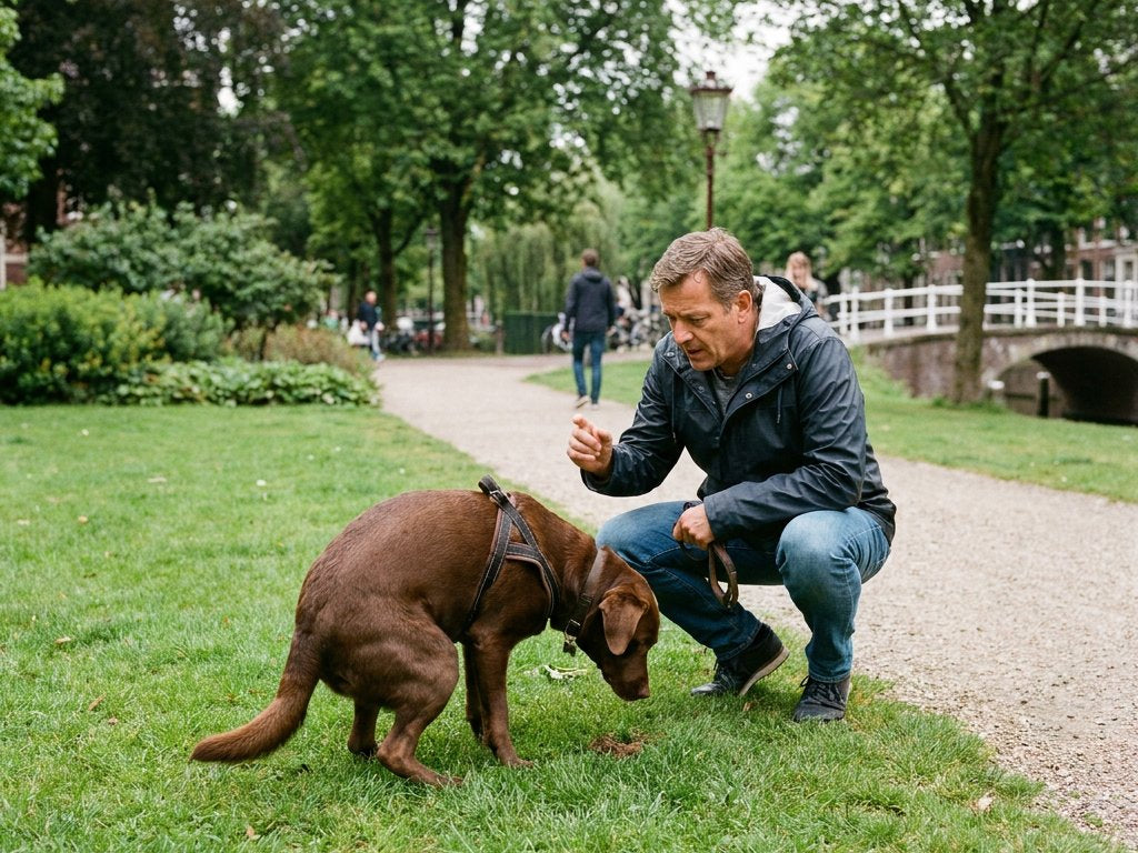 Hond snuffelt in een grasveld in een Nederlands park terwijl de eigenaar alert ingrijpt, vastgelegd in zacht daglicht met een natuurlijke redactionele sfeer.