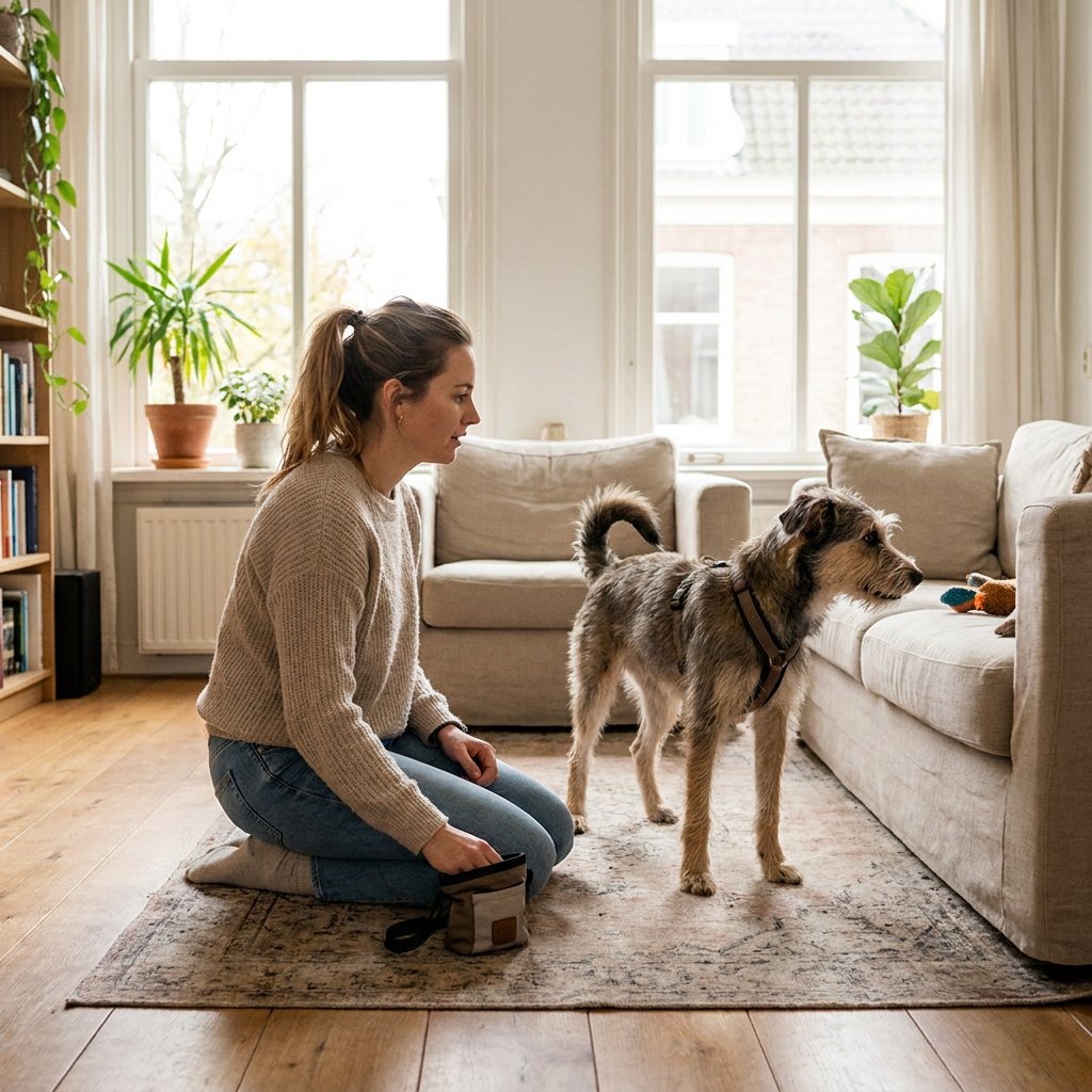 Jonge hond in een Nederlandse woonkamer kijkt afgeleid weg terwijl de eigenaar rustig traint met een belonende hand en ontspannen houding.