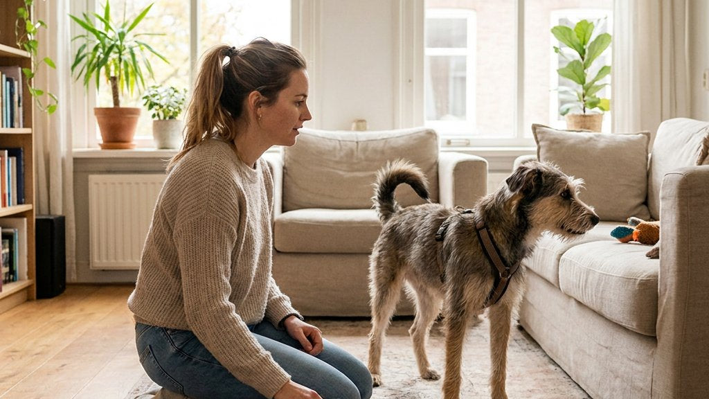 Jonge hond in een Nederlandse woonkamer kijkt afgeleid weg terwijl de eigenaar rustig traint met een belonende hand en ontspannen houding.