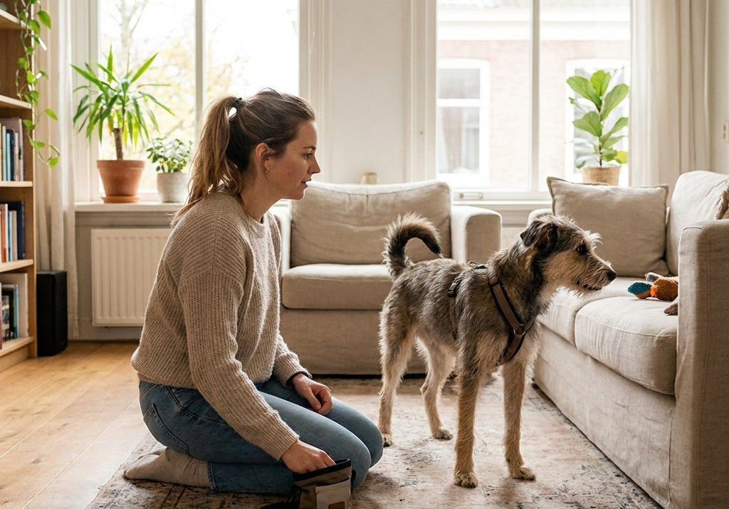 Jonge hond in een Nederlandse woonkamer kijkt afgeleid weg terwijl de eigenaar rustig traint met een belonende hand en ontspannen houding.