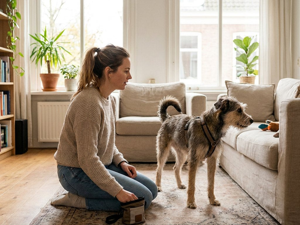 Jonge hond in een Nederlandse woonkamer kijkt afgeleid weg terwijl de eigenaar rustig traint met een belonende hand en ontspannen houding.