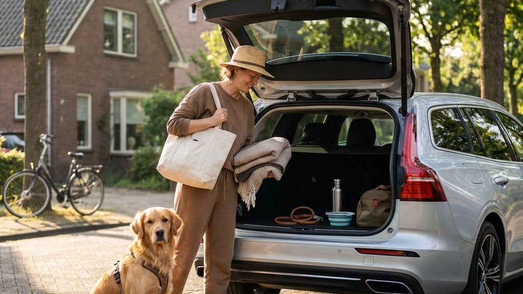 Hond en eigenaar maken zich klaar voor vakantie naast een auto, met reistas, waterfles en hondenbenodigdheden op een zonnige oprit.