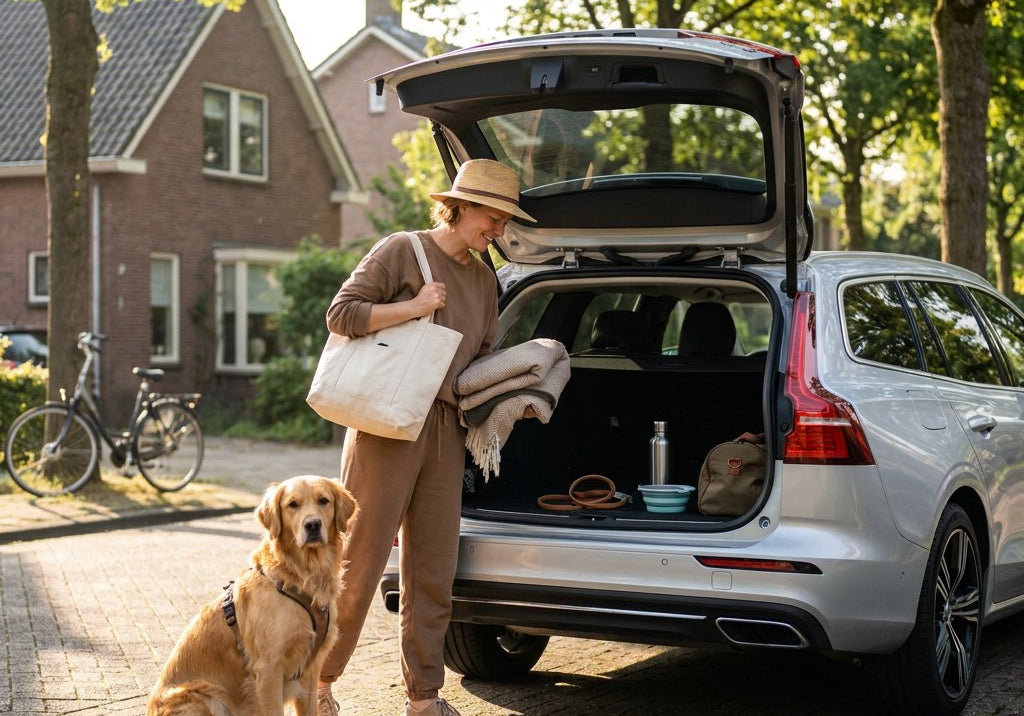 Hond en eigenaar maken zich klaar voor vakantie naast een auto, met reistas, waterfles en hondenbenodigdheden op een zonnige oprit.