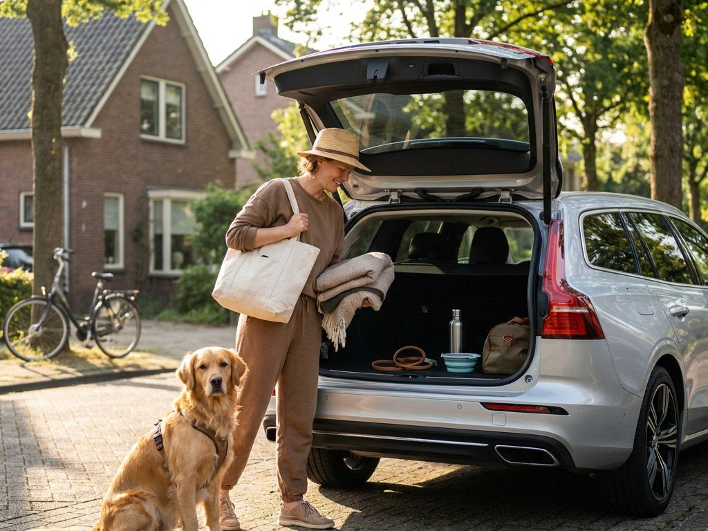 Hond en eigenaar maken zich klaar voor vakantie naast een auto, met reistas, waterfles en hondenbenodigdheden op een zonnige oprit.