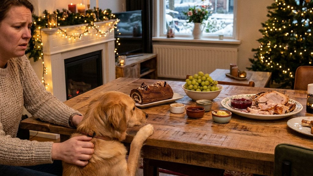 Hond kijkt nieuwsgierig naar een Nederlandse kersttafel met chocolade, druiven en restjes, terwijl een baasje beschermend ingrijpt.