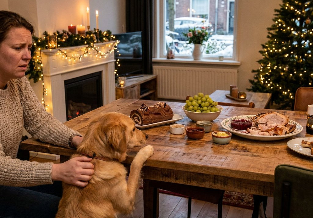 Hond kijkt nieuwsgierig naar een Nederlandse kersttafel met chocolade, druiven en restjes, terwijl een baasje beschermend ingrijpt.