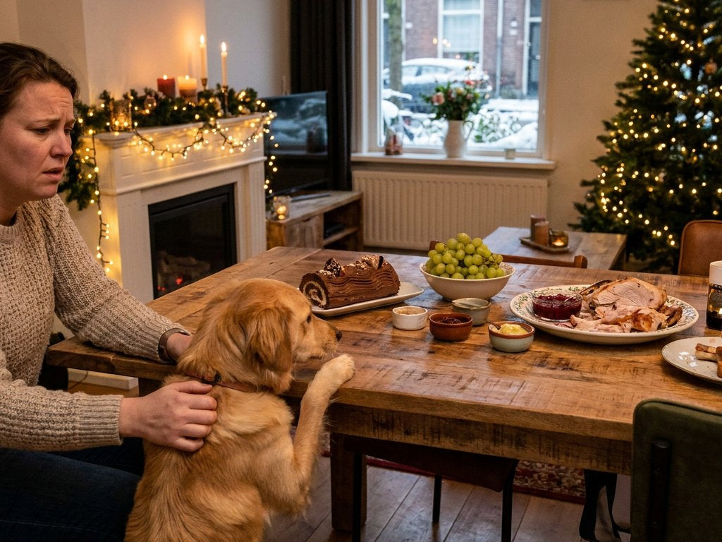 Hond kijkt nieuwsgierig naar een Nederlandse kersttafel met chocolade, druiven en restjes, terwijl een baasje beschermend ingrijpt.