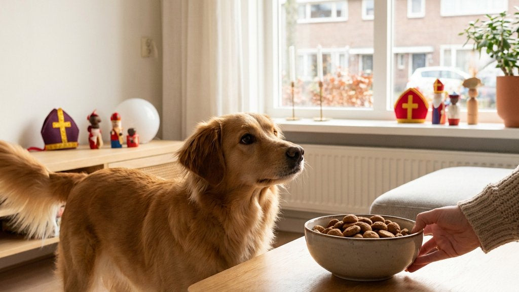 Hond kijkt alert naar een schaal pepernoten op een Nederlandse salontafel terwijl een eigenaar de lekkernij voorzichtig weghaalt.