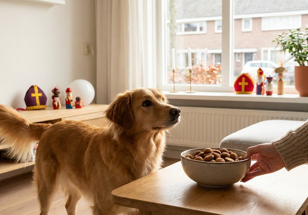 Hond kijkt alert naar een schaal pepernoten op een Nederlandse salontafel terwijl een eigenaar de lekkernij voorzichtig weghaalt.