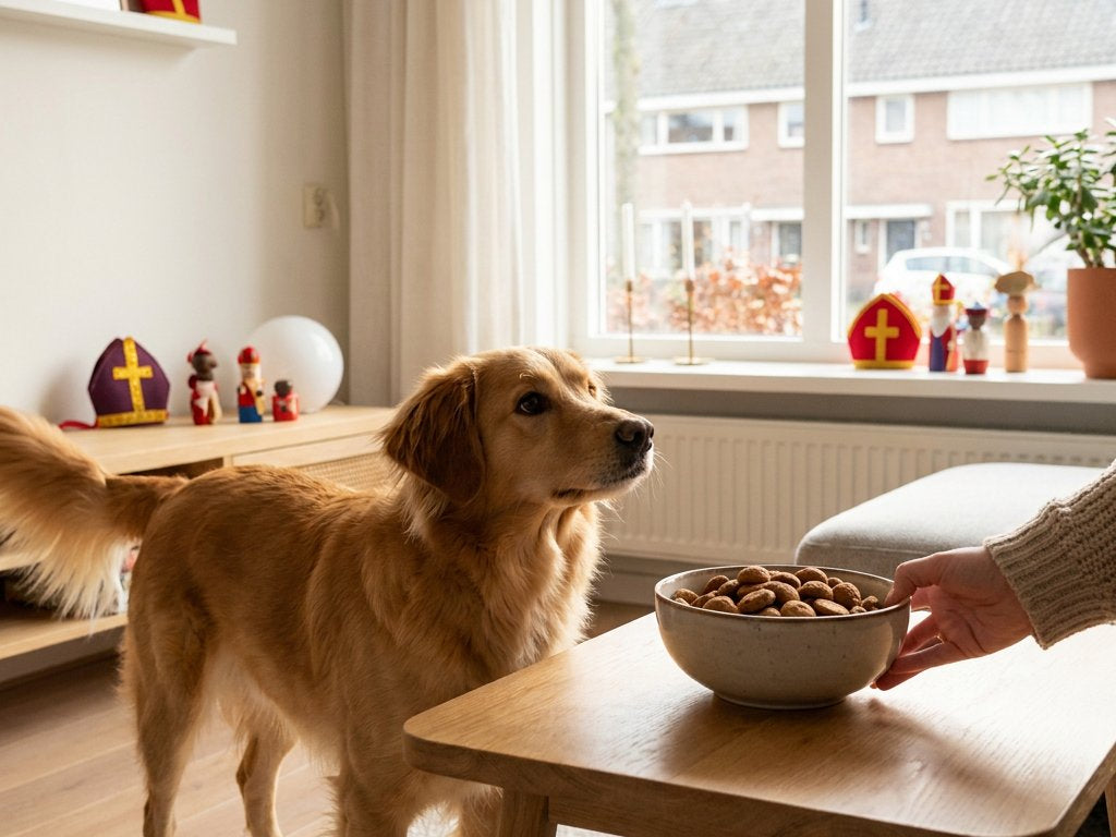 Hond kijkt alert naar een schaal pepernoten op een Nederlandse salontafel terwijl een eigenaar de lekkernij voorzichtig weghaalt.
