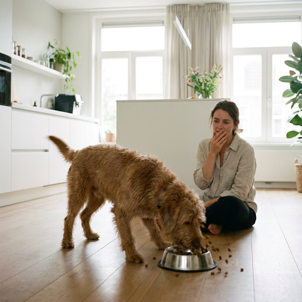 Een gretige middelgrote hond eet razendsnel uit zijn voerbak in een lichte Nederlandse keuken, terwijl de eigenaar bezorgd toekijkt.