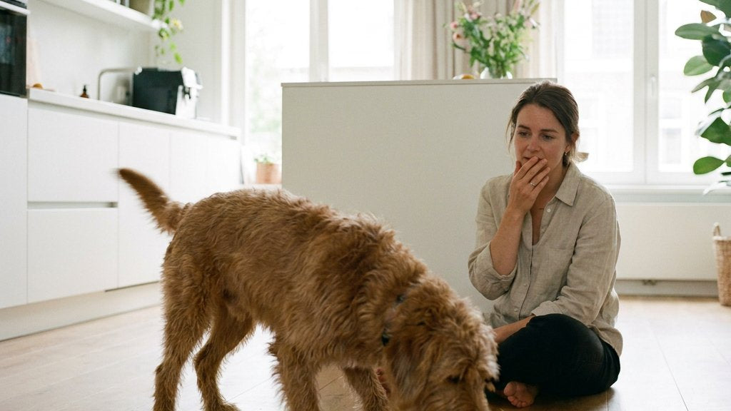 Een gretige middelgrote hond eet razendsnel uit zijn voerbak in een lichte Nederlandse keuken, terwijl de eigenaar bezorgd toekijkt.