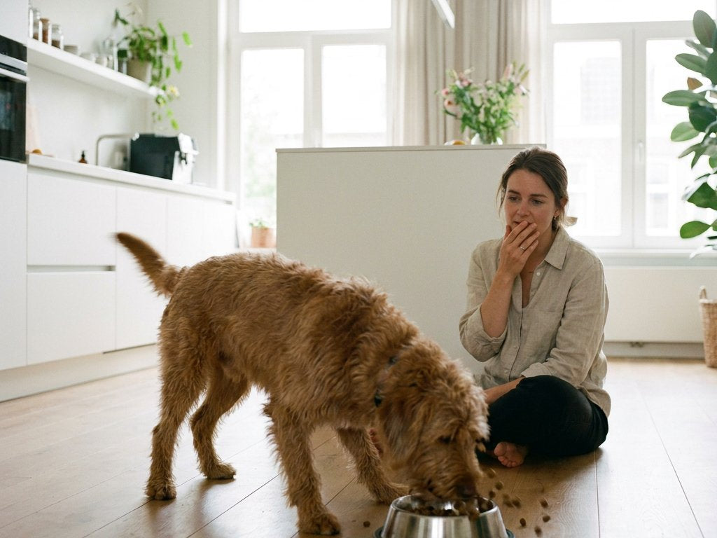 Een gretige middelgrote hond eet razendsnel uit zijn voerbak in een lichte Nederlandse keuken, terwijl de eigenaar bezorgd toekijkt.