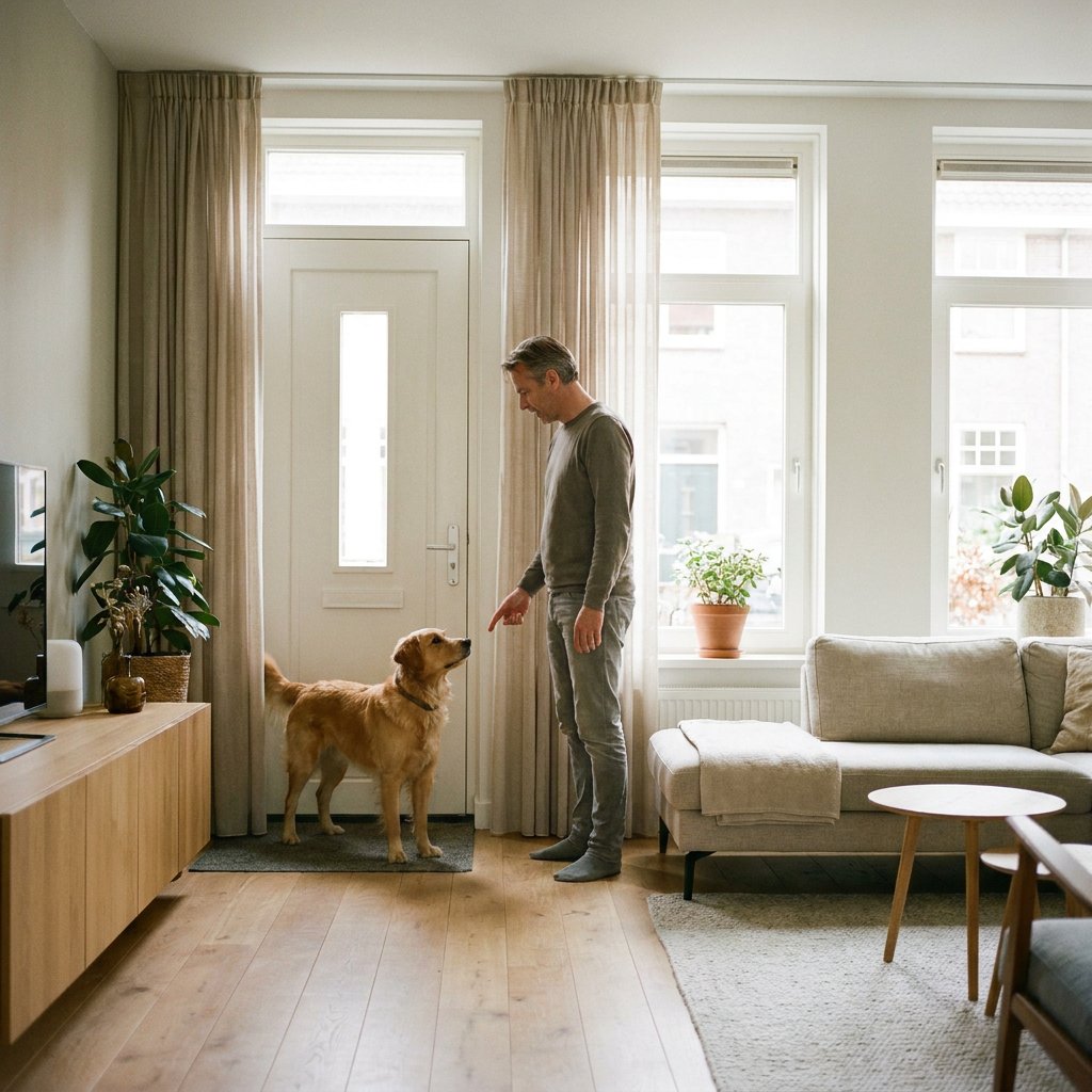 Hond staat alert bij de voordeur terwijl een eigenaar in een lichte Nederlandse woonkamer rustig wijst naar een vaste plek voor training.