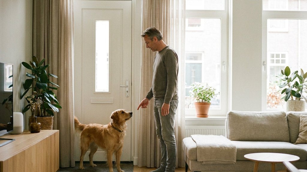 Hond staat alert bij de voordeur terwijl een eigenaar in een lichte Nederlandse woonkamer rustig wijst naar een vaste plek voor training.