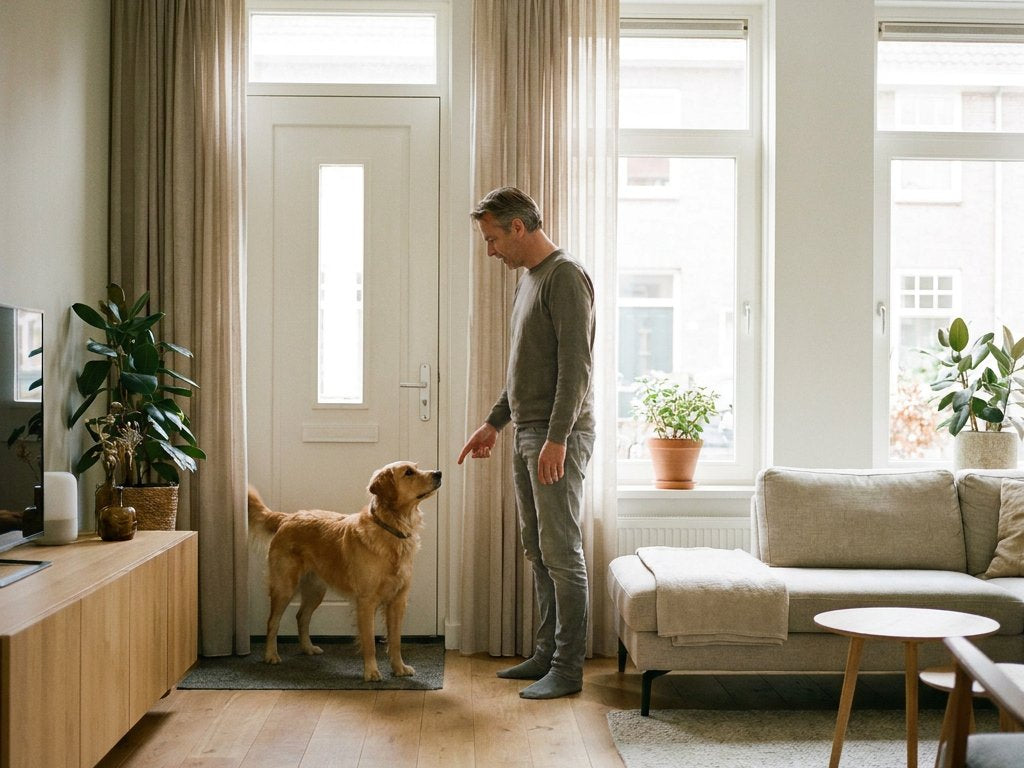 Hond staat alert bij de voordeur terwijl een eigenaar in een lichte Nederlandse woonkamer rustig wijst naar een vaste plek voor training.