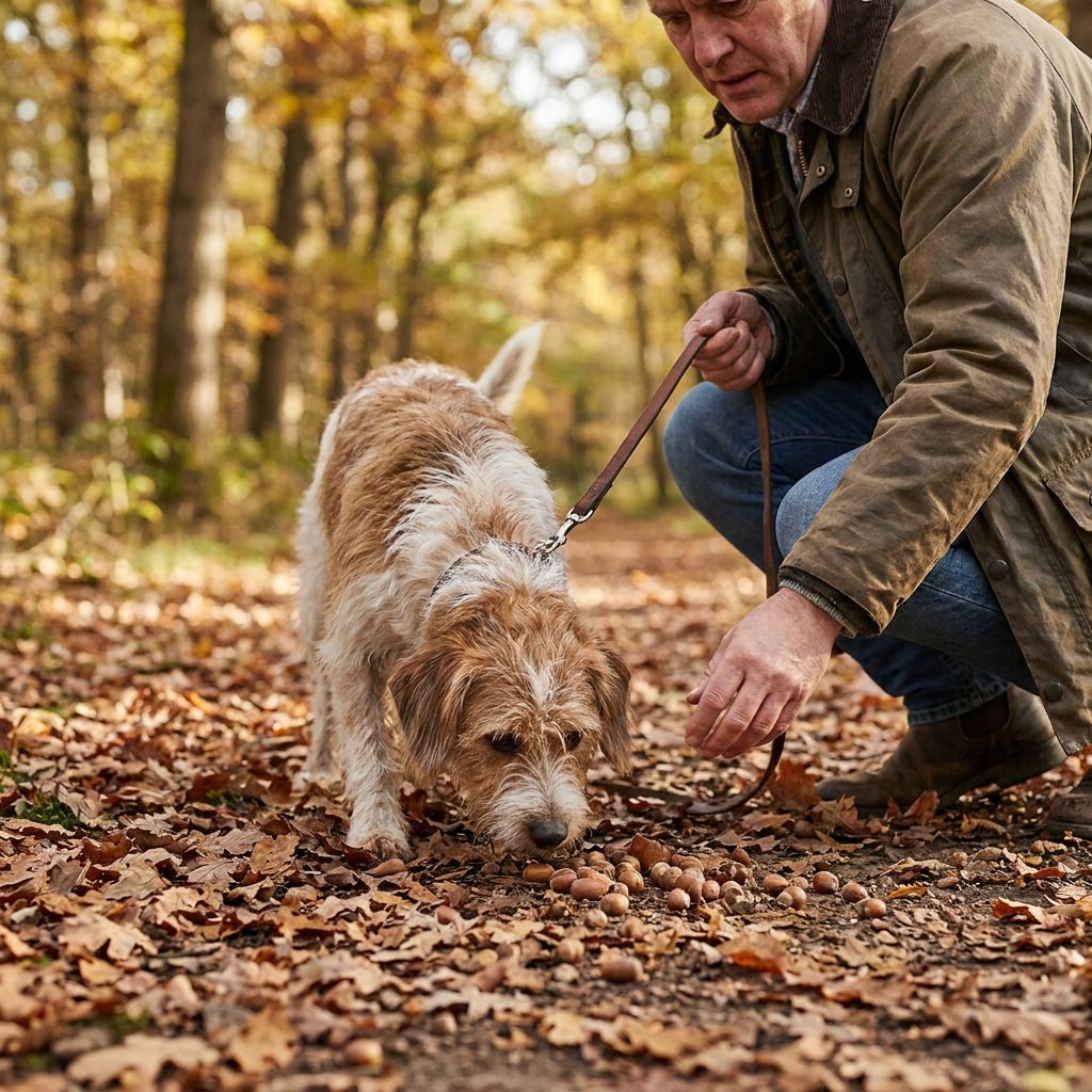 Hond aan de lijn snuffelt naar eikels op een herfstig bospad terwijl de eigenaar alert ingrijpt, vastgelegd in zacht natuurlijk licht.